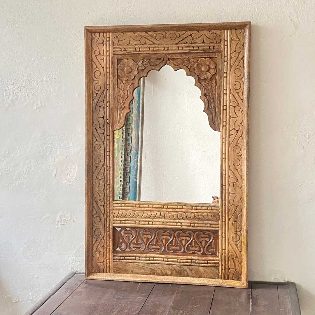 Wooden Floral Carving Arched Jharokha Mirror Frame Natural Polished