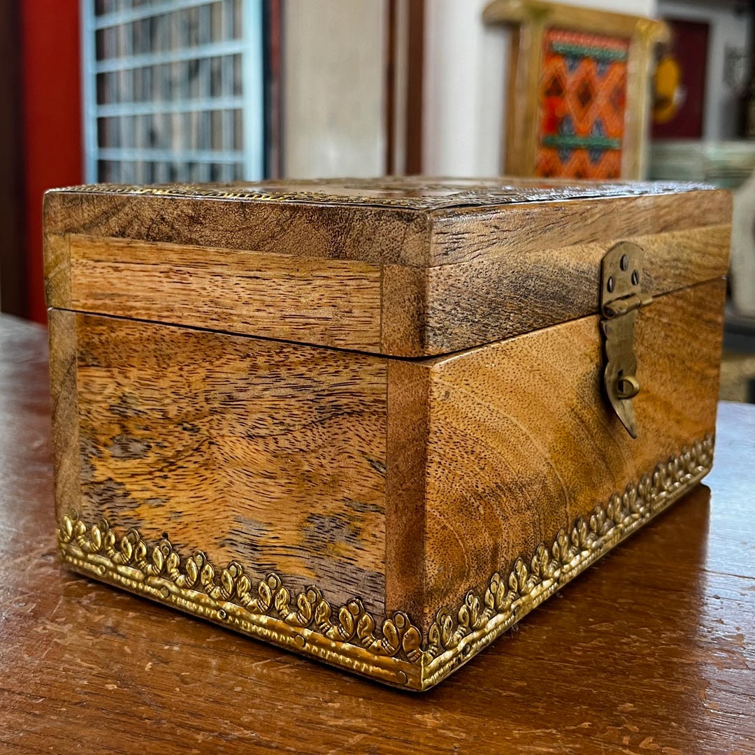 Wooden Box with Natural Polish and Brass Work - Medium