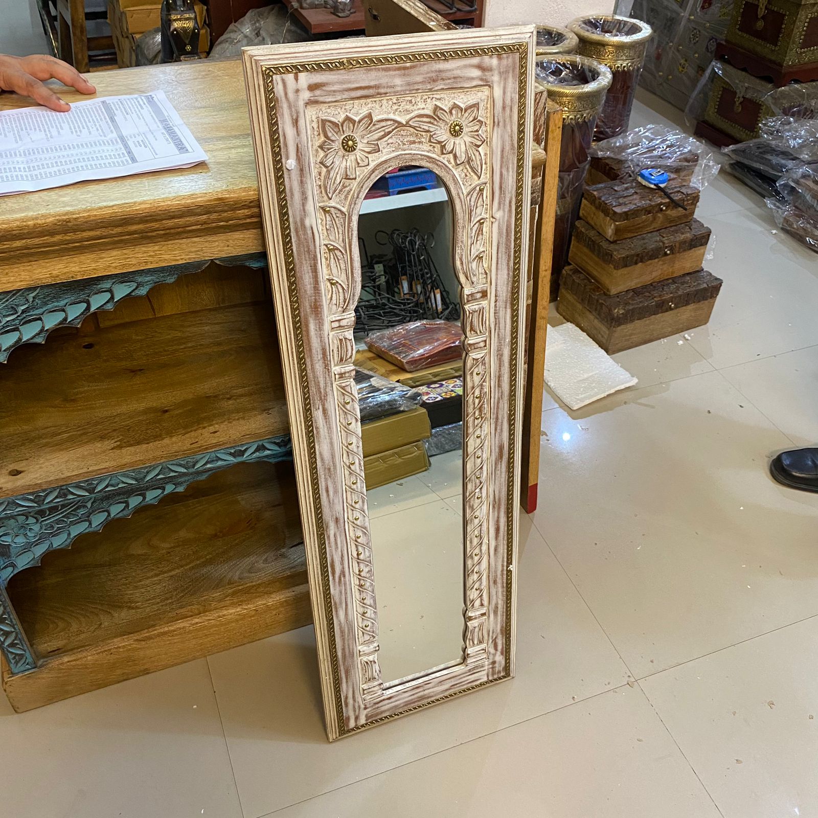 Traditional Carved Wooden Mirror Frame with Brass Art - Distressed White