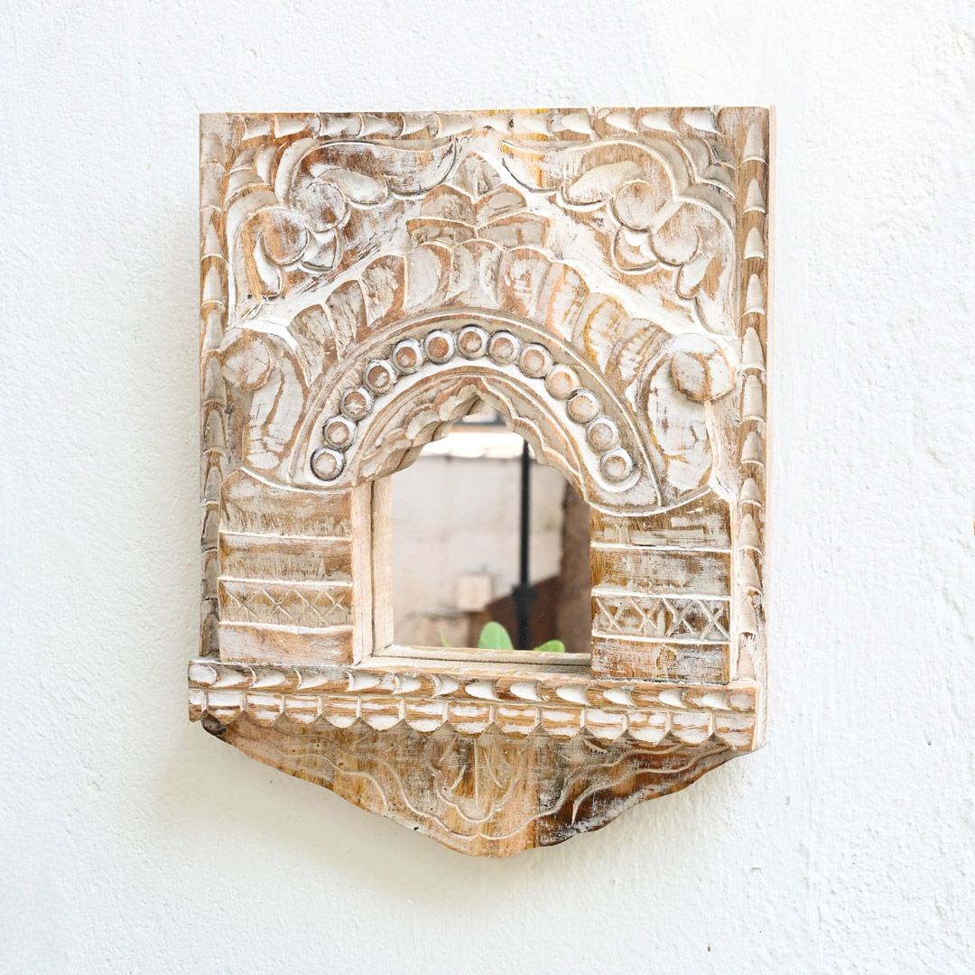 Vintage Hand carved Wooden Old Jharokha Mirror Frame - White