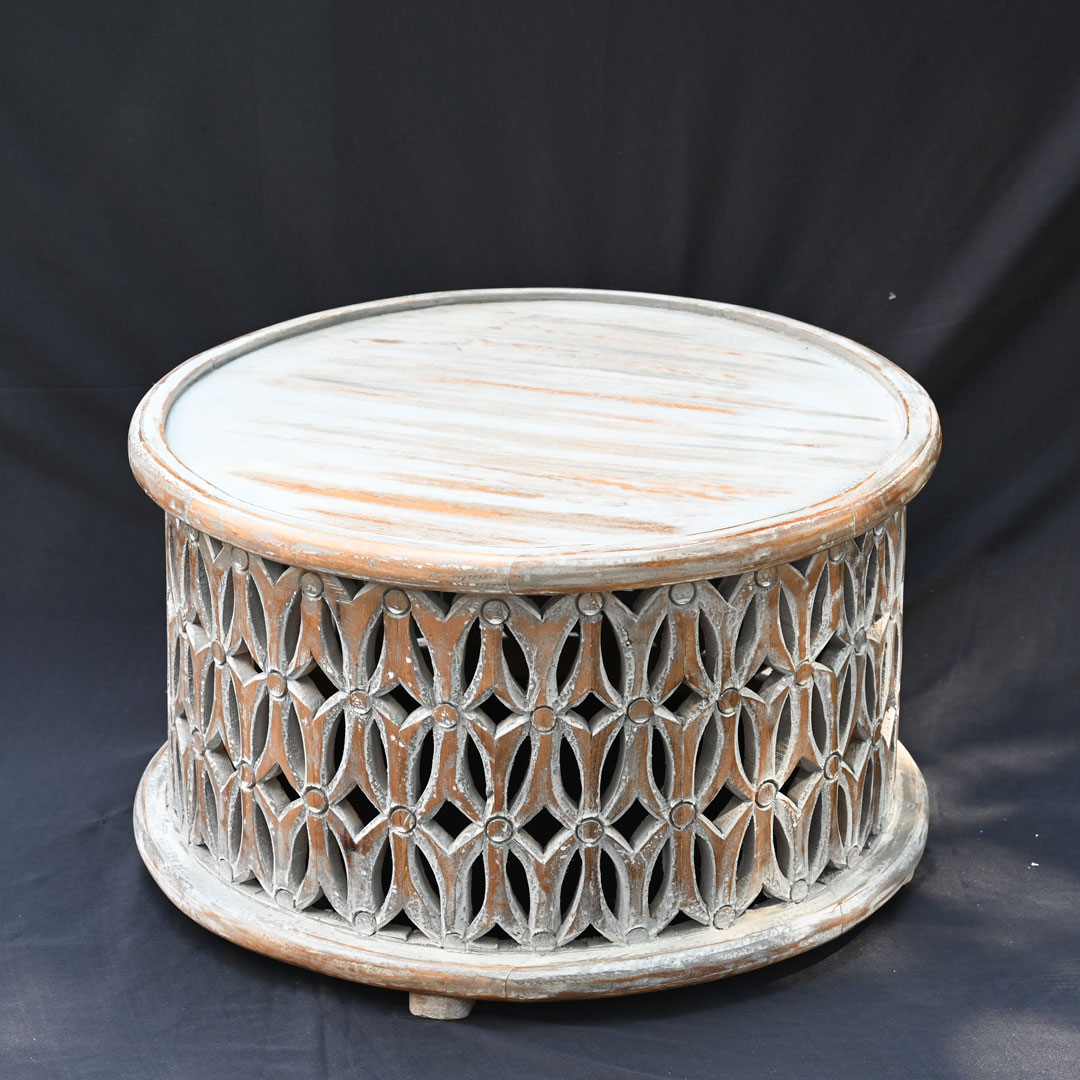 Distressed Grey Wooden Carved Round Coffee Table 