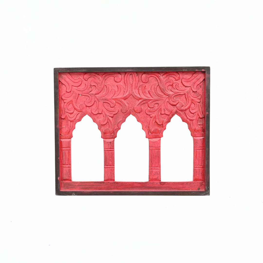 Hand Carved three window wooden frame in red