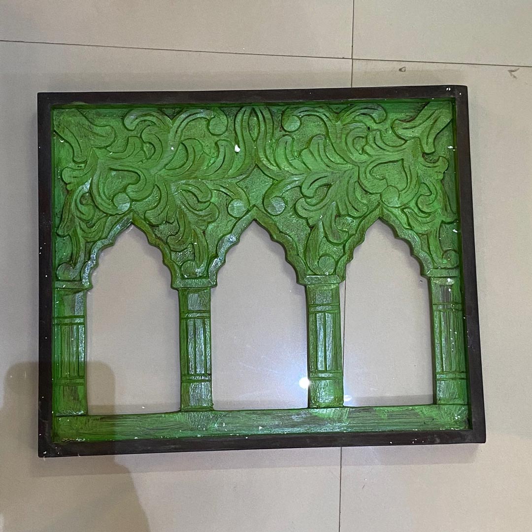 Hand Carved three window wooden frame in green