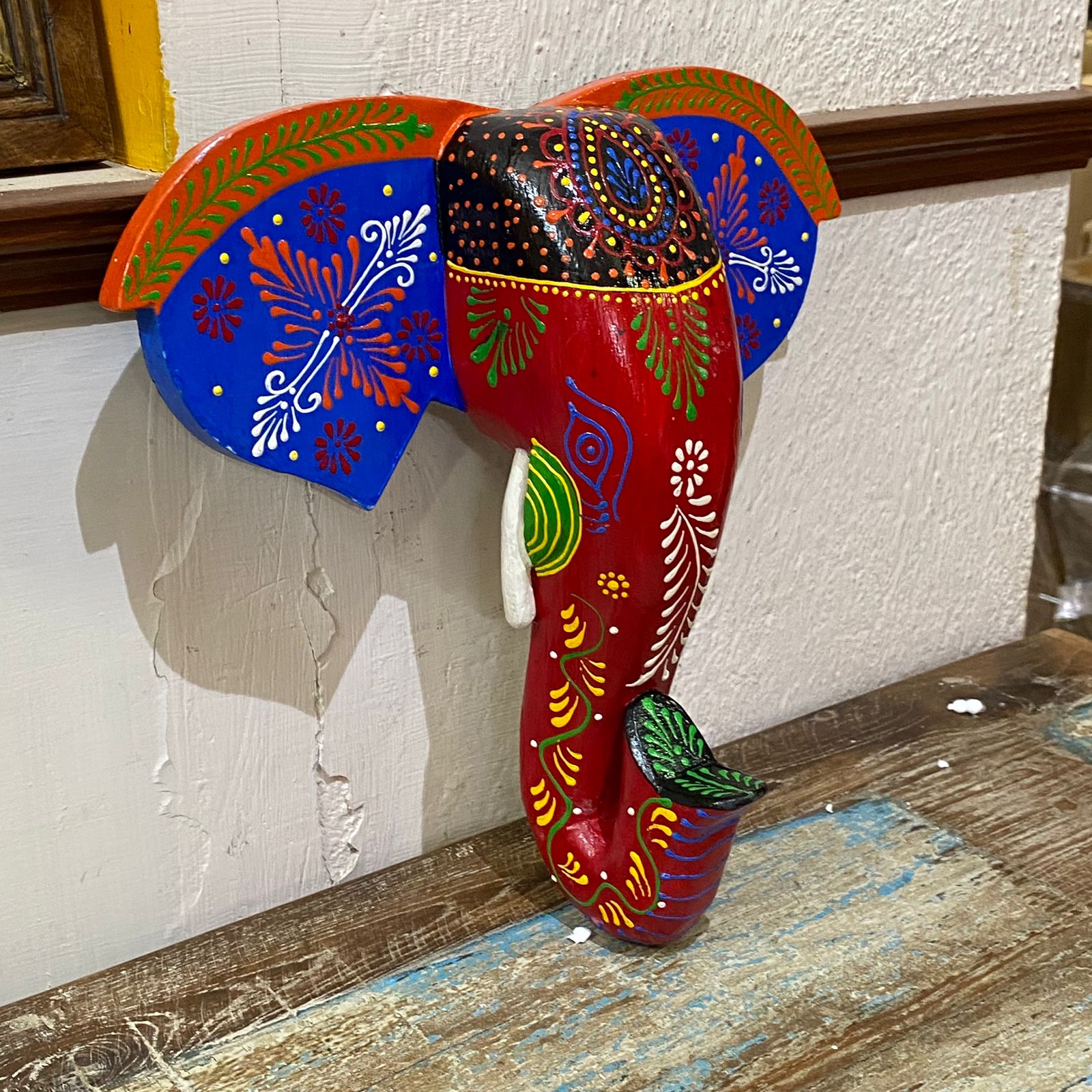 Hand Painted Wooden Elephant Face in Blue/Red