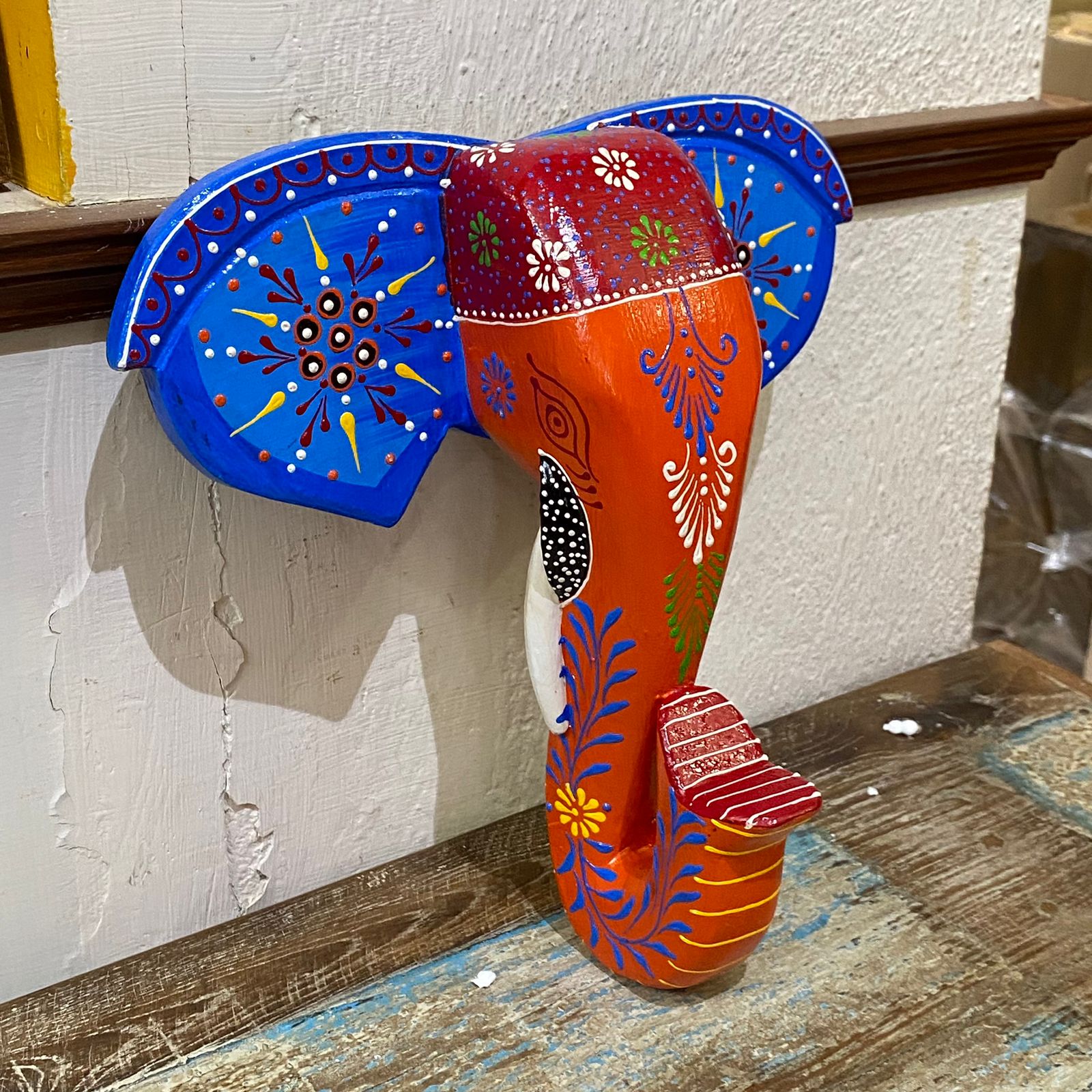 Hand Painted Wooden Elephant Face in Blue/Orange