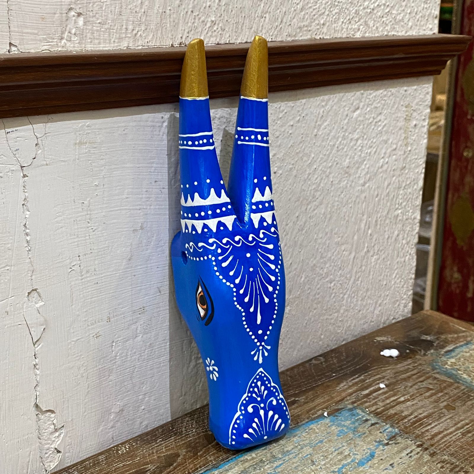 Hand Painted Wooden Cow Face in Blue